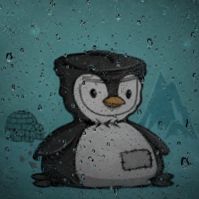 A cartoon penguin illustration viewed through what appears to be a rain-covered window, with a teal/blue background.