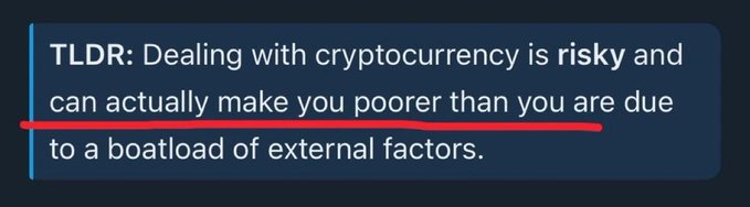 A screenshot showing a TLDR warning that "Dealing with cryptocurrency is risky and can actually make you poorer than you are due to a boatload of external factors," with the phrase "can actually make you poorer than you are" underlined in red. The image supports the post by visually emphasizing the cryptocurrency loss warning, underscoring the cautionary "I did warn you" message about people losing money.