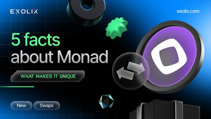 A promotional graphic from Exolix titled '5 facts about Monad' with the subtitle 'WHAT MAKES IT UNIQUE,' featuring the Monad logo and 3D geometric shapes.