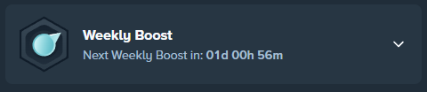 A dark UI panel shows a "Weekly Boost" notification with a countdown timer reading "Next Weekly Boost in: 01d 00h 56m," indicating the upcoming weekly rewards drop referenced in the post about predicting Stake earnings.