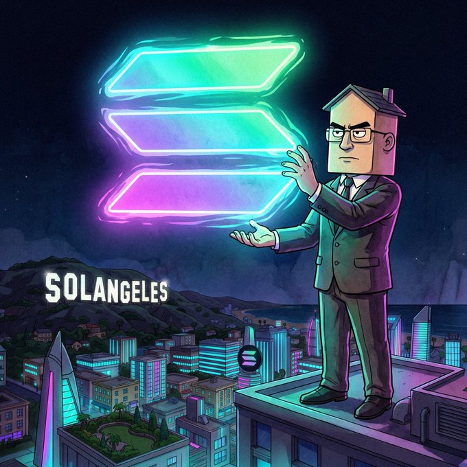 A suited figure with a cardboard box for a head conjures glowing, neon-framed "S" logo panels above a stylized Los Angeles skyline labeled "SOLANGELES," creatively merging Solana's branding with the city in a way that captures the meme's playful jab at Solana artists' distinctive flair.