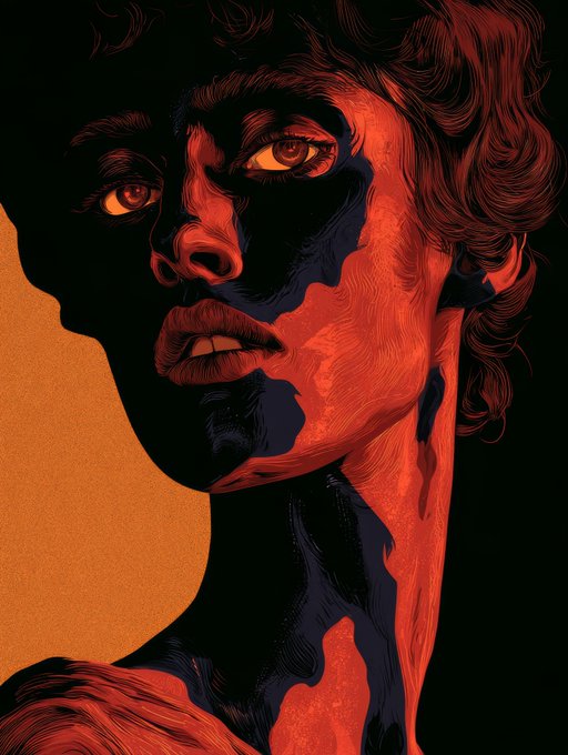 A striking stylized portrait illustration of a face rendered in deep red and black tones with glowing orange eyes, set against a black and burnt orange background.
