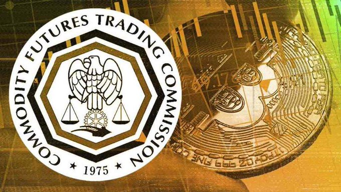 The seal of the U.S. Commodity Futures Trading Commission (CFTC) overlaid on an image of a Bitcoin coin against a background of a financial chart.