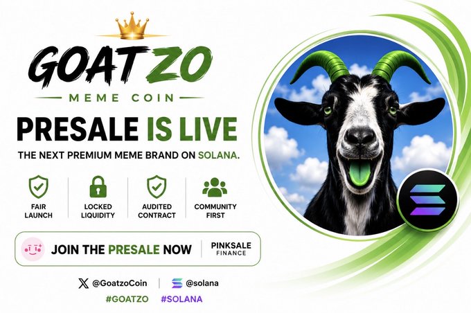 A promotional banner for 'GOATZO MEME COIN' on Solana, featuring a goat, a crown logo, and text reading 'PRESALE IS LIVE' with details about fair launch, locked liquidity, and audited contract.