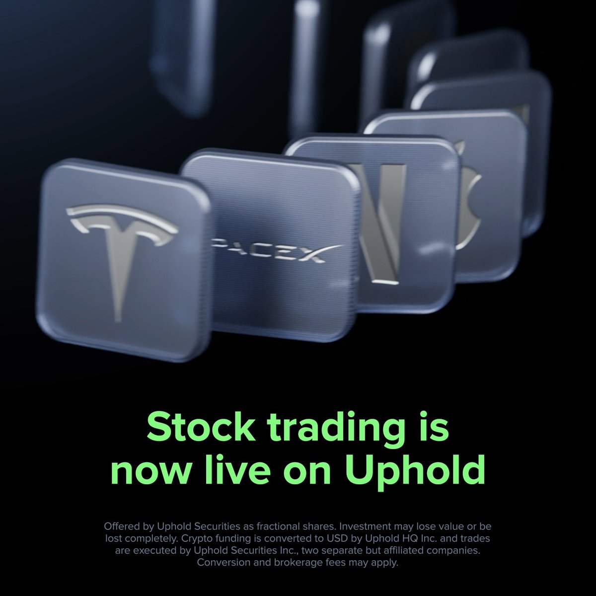 A digital advertisement displays metallic app icons featuring the Tesla logo, SpaceX logo, and an Apple-like logo, with the headline "Stock trading is now live on Uphold" in green text, promoting the platform's new ability to trade stocks alongside crypto.