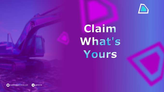 A promotional banner with a purple and blue gradient background featuring an excavator and geometric gem icons, displaying the text "Claim What's Yours" alongside contact emails "support@gem-circle.com" and "gemcircle," which aligns with the post's call to action encouraging miners to start claiming their GEMC tokens.