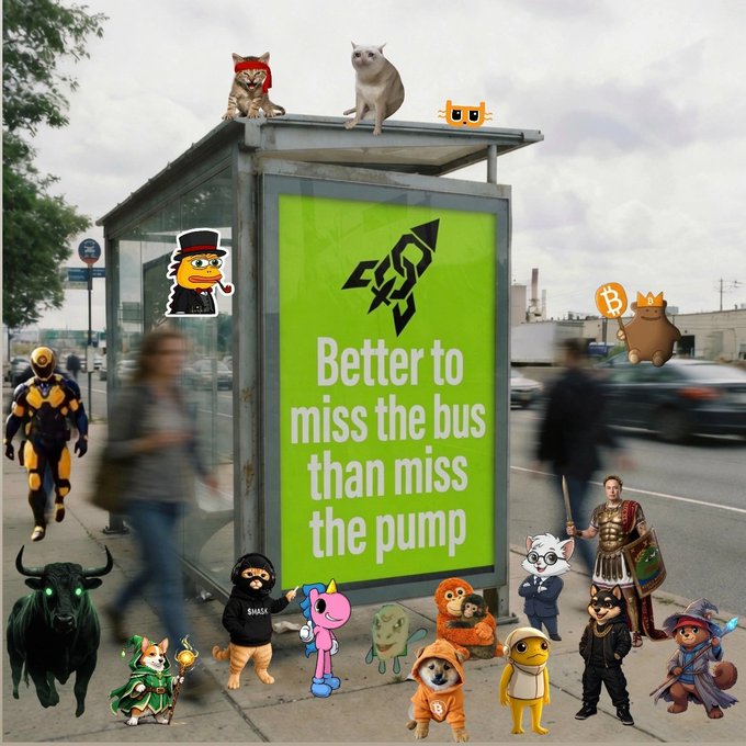 A photoshopped meme featuring a bus stop advertisement that says 'Better to miss the bus than miss the pump' surrounded by various internet/meme characters including Monero logo, Wojak, Pepe, Bitcoin, Sphynx cats, a Spartan, and dogs in costumes.