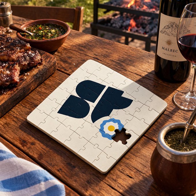 A photograph of an outdoor table scene featuring an Argentinian Malbec wine bottle, a glass of red wine, grilled meat with chimichurri sauce, a mate cup, and a jigsaw puzzle displaying the Argentine sun logo.