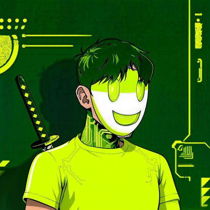 A stylized anime-style character with green hair, a white mask featuring a yellow smile and eyes, and circuit-like neck details, set against a dark green background with neon yellow tech-themed graphics and a katana. The image visually represents the "Hollow" project's free mint announcement, using the masked, futuristic character as a thematic mascot for the token drop giveaway.