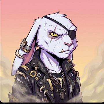 A digital illustration features a white anthropomorphic rabbit with a black eyepatch, wearing a studded leather jacket and skull necklace against a warm sky.