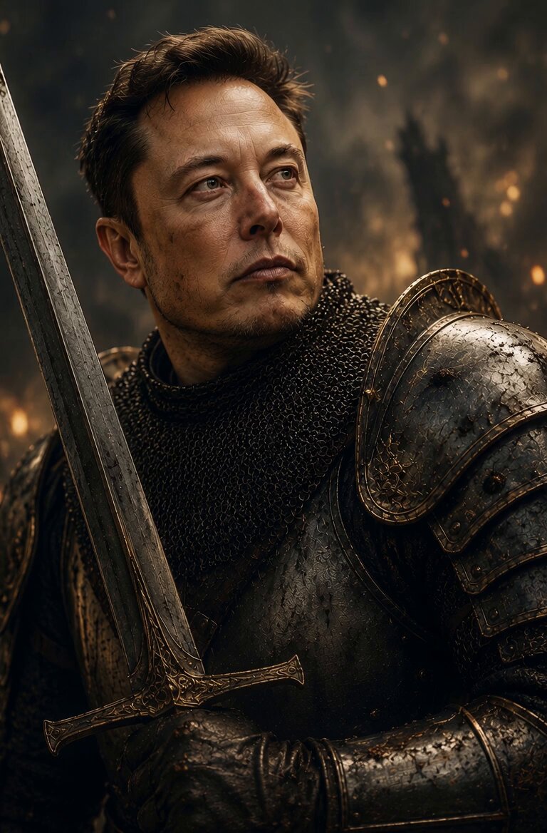 The image features a man dressed as a knight, holding a sword with both hands while looking off into the distance. He appears to be wearing armor that looks like it was made for a medieval battle. The background of the image has a dark color, which complements the knight's attire and adds an air of mystery to the scene. The caption "Dogeus Maximus vibes" suggests that the man is dressed as a character from mythology or legend, possibly inspired by Greek mythology.

The post also mentions that the man is wearing leather gloves, further emphasizing his medieval appearance. Overall, the image captures the essence of a knight's attire and the atmosphere of a historical battle scene.
