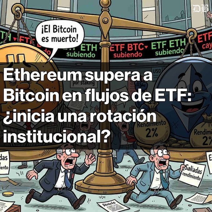 A cartoon illustration with Spanish text reading "Ethereum supera a Bitcoin en flujos de ETF: ¿inicia una rotación institucional?" depicting Bitcoin and Ethereum as characters on a balance scale with ETF tickers in the background.