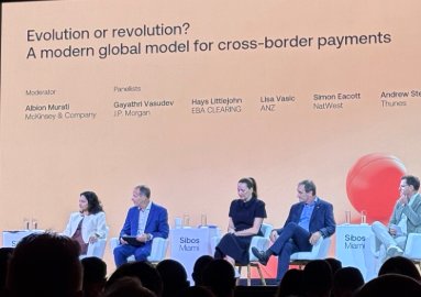 A panel discussion titled 'Evolution or revolution? A modern global model for cross-border payments' featuring speakers from McKinsey & Company, JP Morgan, EBA CLEARING, ANZ, NatWest, and Thunes, moderated at the Sibos event.