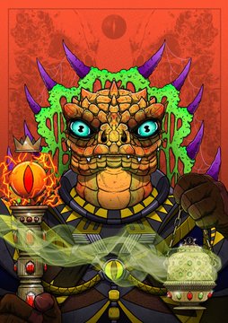 A stylized digital illustration depicts an ornate, demonic stone figure with glowing cyan eyes, purple horns, green mane-like hair, and a red gem on its chest, set against a red patterned background.