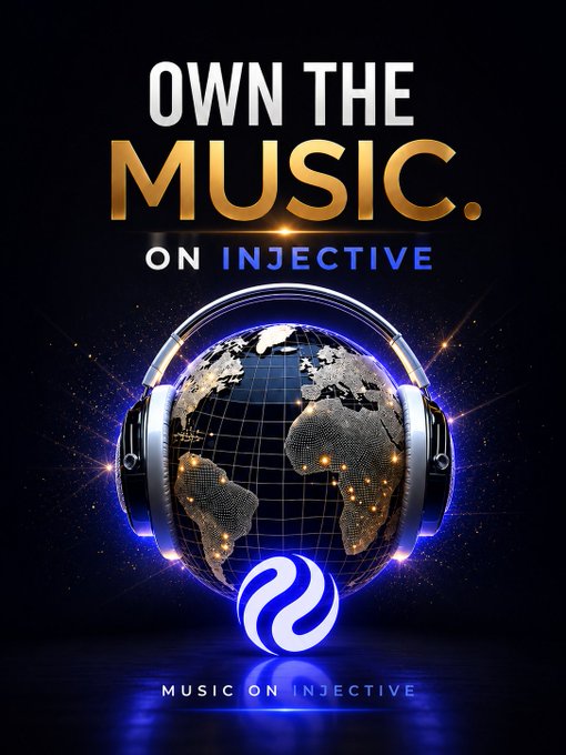 A promotional graphic for Injective featuring the headline "OWN THE MUSIC ON INJECTIVE" above an illuminated globe wrapped in headphones, illustrating the concept of tokenizing music on the blockchain so fans can own shares in a song's future revenues.
