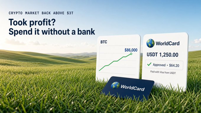 An advertisement for 'WorldCard' reads 'CRYPTO MARKET BACK ABOVE $3T. Took profit? Spend it without a bank', showing a BTC chart at $86,000 and a card with USDT 1,250.00 approved.