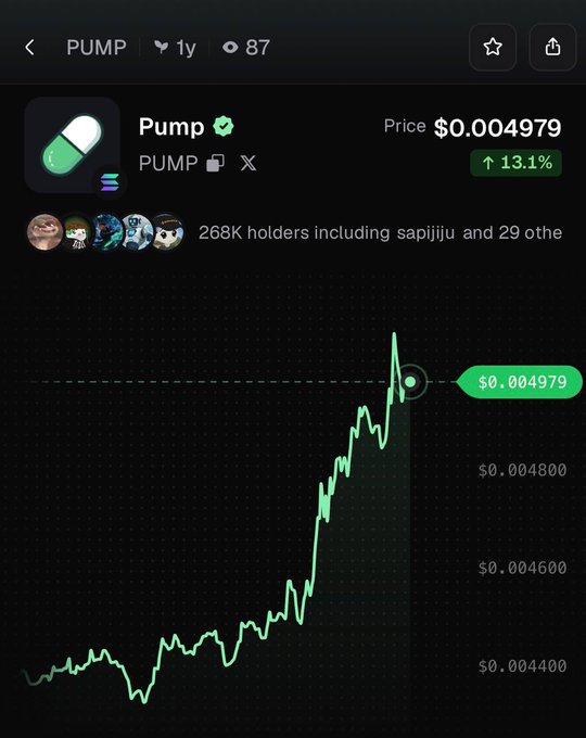 A mobile screenshot displays the price chart for the meme coin Pump ($PUMP) trading at $0.004979, showing a 13.1% gain over the past year with a visible upward trend and 268K holders. The chart's rising green line visually reinforces the post's claim of the token's 13% price increase in the last 24 hours.