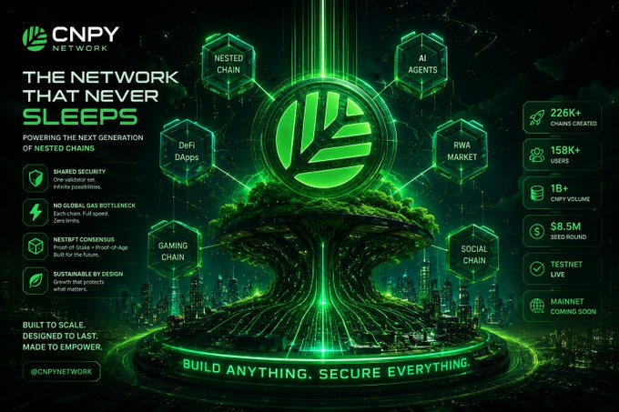 A green-themed promotional graphic for 'CNPY Network' advertises 'THE NETWORK THAT NEVER SLEEPS' with stats like 226K+ chains created, $8.5M seed round, and features including DeFi, AI, and RWA.