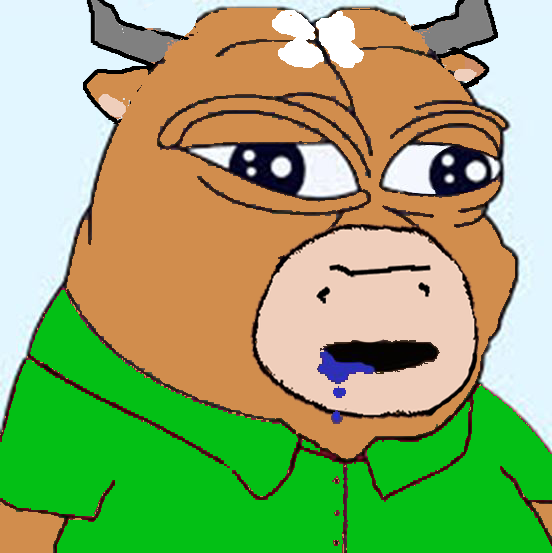 A cartoon drawing of a brown bull/cow character with droopy eyes and blue drool coming from its mouth, wearing a green shirt.