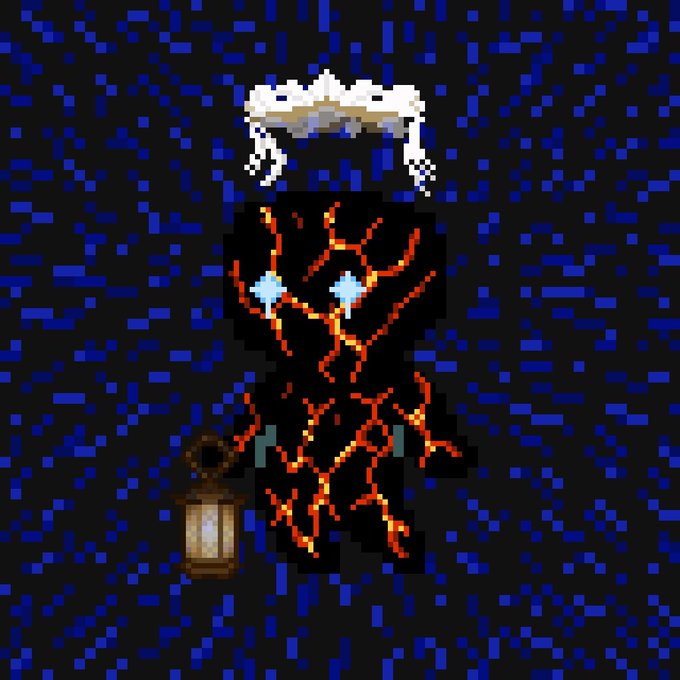 A pixel art character resembling a Chosen Undead from Dark Souls with glowing eyes and cracked lava-like skin, wearing a Faraam helmet and holding a lantern against a dark stone brick background.