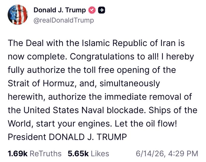 The image features a post on social media with an image of Donald Trump's face. The post includes text that congratulates Donald Trump for his recent deal with the Islamic Republic of Iran, which has been completed. The text also mentions the deal is now complete, and the United States Navy has started its engines to begin the process of removing oil from the Strait of Hormuz. The post highlights a significant achievement in peacekeeping efforts between the United States and Iran.