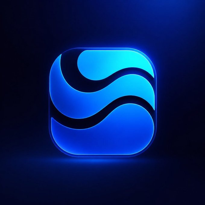 A glowing blue app icon featuring flowing wave-like shapes against a dark background, visually representing the clean, streamlined design of the $RIVER project being praised in the post for prioritizing simplicity and user experience over complexity.