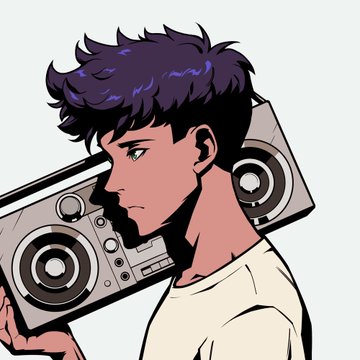 An anime-style illustration of a young man with dark purple hair carrying a large boombox on his shoulder.