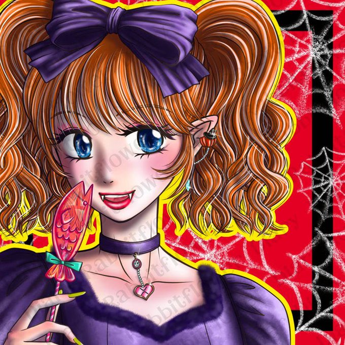 An anime-style illustration features a smiling girl with curly orange hair, a large purple bow, and apple-themed accessories against a red background with spider webs, watermarked 'patreon.com/owlsbiff'.