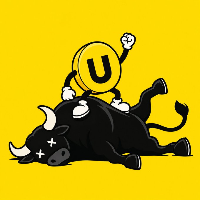 A cartoon illustration on a yellow background depicting an anthropomorphized 'U' coin character flexing while standing on a defeated black bull, symbolizing a market triumph over a bearish trend.
