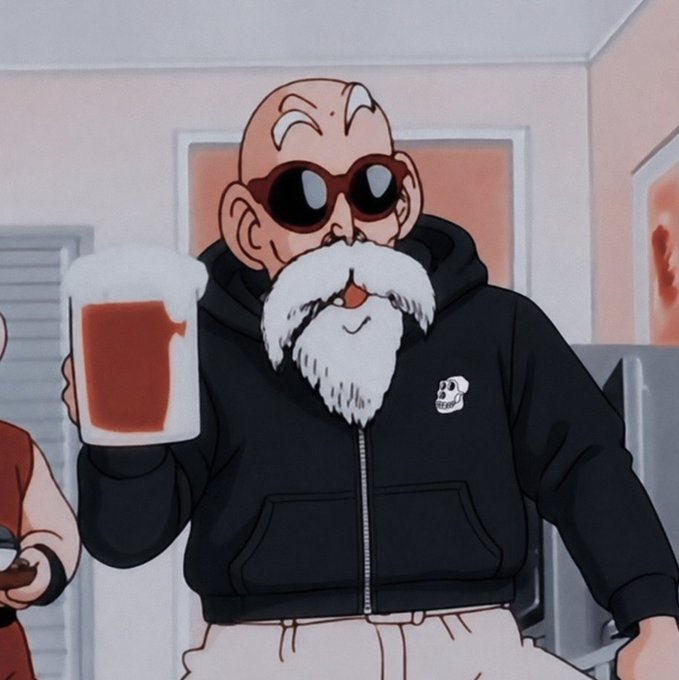 Master Roshi from Dragon Ball toasts with a frothy mug of beer, wearing his signature sunglasses and skull-emblazoned hoodie, fitting the "first round on me" sentiment with his classic laid-back, party-ready vibe.