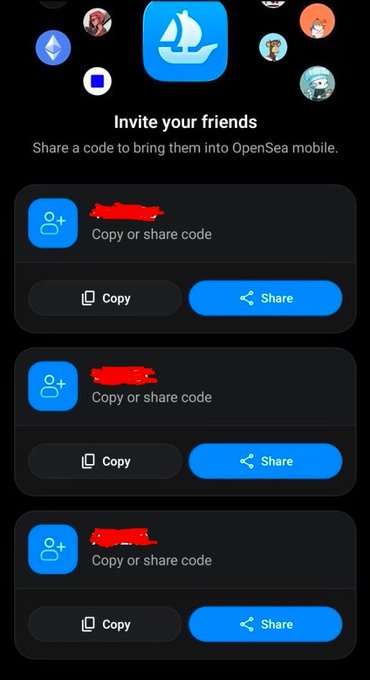 A screenshot of the OpenSea mobile app showing an "Invite your friends" page with three invite codes that have been redacted/scribbled out in red, alongside Copy and Share buttons. The image directly supports the post's message about having OpenSea mobile invite codes to share, while also showcasing the platform's feature of swapping from any chain to Robinhood.