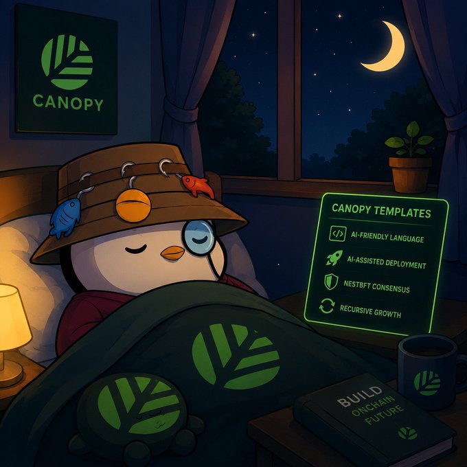 The image features a cartoon penguin wearing a hat with fish on it, lying down in bed next to a book titled "Building applications" that has a green cover. The text above the penguin's head reads "GN CT Before I go to sleep I want to tell you".