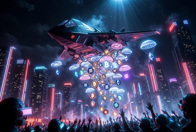 A futuristic cyberpunk scene showing a spaceship dropping cryptocurrencies and parachuting coins over a cheering crowd and neon cityscape.