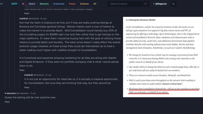 The post is about a cryptocurrency called $DAG. A screenshot of an image showing several tokens being sold for $1.3 billion from trading fees has been posted, with a caption that discusses deflationary burns and asks if people should use current prices or focus on what is in the image.