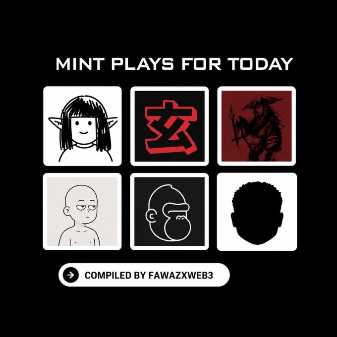 The image features a collection of six cartoon faces, each with different expressions and styles. The faces are arranged in two rows of three, creating a grid-like pattern. The caption below the image reads "Mint Plays For Today" and provides information about the creator or owner of the collection.