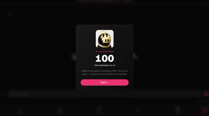 The image displays a dark-themed popup window featuring a "HOLDER DROP" promotion offering "100 free messages" for AGNT holders, with a pink "Claim →" button. This connects to the post's excited reaction about getting to use their Viocat AI chatbot more frequently, as the 100 free messages would allow for more interactions without limits.