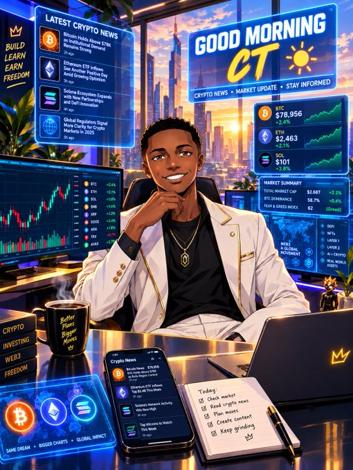 An illustrated young man in a white suit sits at a desk surrounded by crypto data screens showing 'GOOD MORNING CT', 'LATEST CRYPTO NEWS', BTC $78,956, ETH $2,463, and SOL $101.