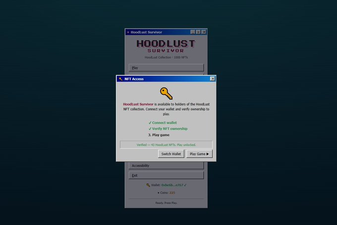 A retro-style interface showing a 'HoodLoot Survivor' game window with a 'NFT Access' dialog box asking the user to connect their wallet, verify NFT ownership, and play the game, showing 'Verified: 43 HoodLoot NFTs' and a wallet balance of 0.867.
