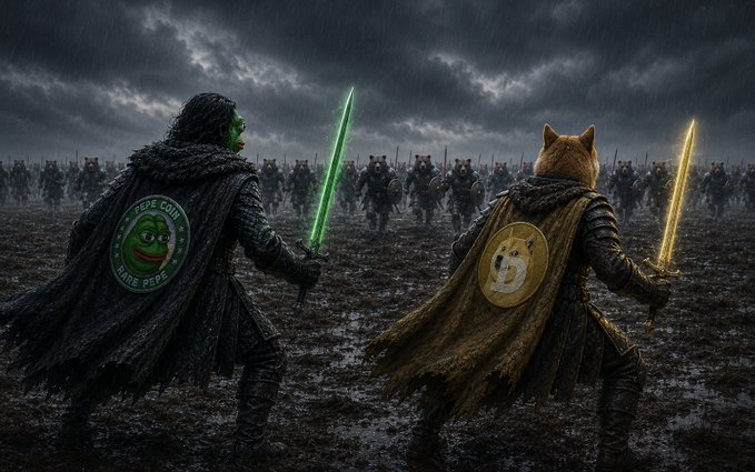 A Game of Thrones-style battle scene where two warriors stand back-to-back against an army in the rain; one has green skin and a "PEPE COIN" shield wielding a green lightsaber, while the other wears a Doge coin shield and wields a yellow lightsaber.
