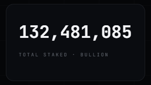 The image displays "132,481,085 TOTAL STAKED • BULLION" in white text on a dark background, highlighting the impressive staking milestone for BullionRH. This visual reinforces the post's excitement about the rapidly growing number of $BULLION tokens already locked in, emphasizing the Flywheel's early momentum.