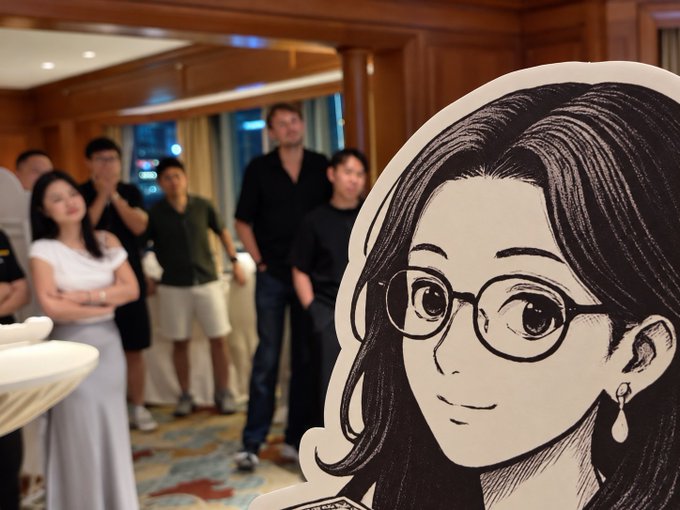A cartoon-style illustrated portrait of a bespectacled woman in the foreground, with a group of casually dressed friends mingling in the warmly lit interior of what appears to be an upscale restaurant or dining venue in the background. The image complements the post by capturing a relaxed social gathering, evoking the intimate atmosphere of Minara's TOKEN2049 private dinner in Singapore.