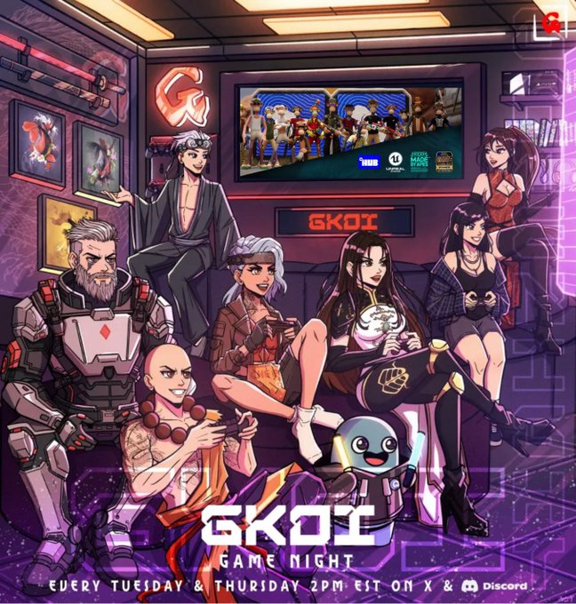An anime-style promotional poster for "GK01 GAME NIGHT" showing a diverse group of characters lounging in a cyberpunk room, advertising "EVERY TUESDAY & THURSDAY 2PM EST ON X & Discord".