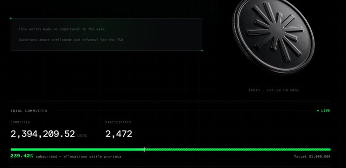 A dark-themed web interface showing token sale commitment details with text 'This entity made no commitment to the sale' and total committed amount of 2,394,209.52 $SKO.