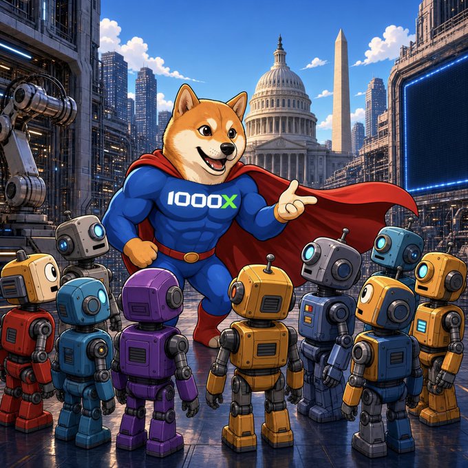 A muscular cartoon Shiba Inu dressed as a superhero with a red cape and a chest emblem reading "1000X" stands heroically among a crowd of colorful robots, with the U.S. Capitol building in the background.

The image ties into the post's theme through its "1000X" badge—a common crypto shorthand for 1000x returns—presented via the Shiba Inu (meme coin mascot) styled as Superman defending against attackers, paralleling the post's defense of @theunipcs against critics who try to FUD him.