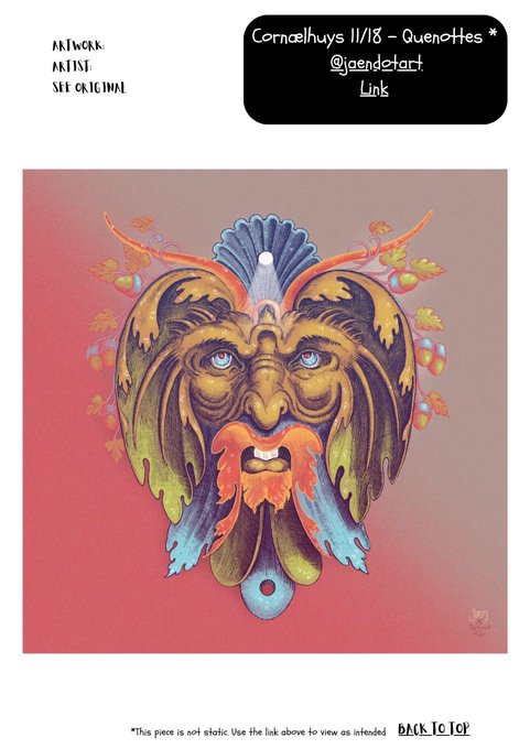 A colorful digital artwork by Corneelhuys featuring a stylized symmetrical lion face with flowing mane-like foliage, leaves, and berries against a pink background.