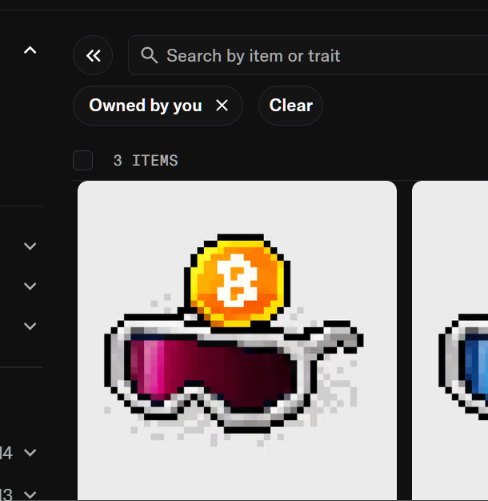 The image shows a digital marketplace interface filtered by "Owned by you," displaying 3 items including pixel-art sunglasses with a Bitcoin (₿) emblem floating above them. This relates to the post about sweeping items from a prediction market collection called "sight_hood," where the sunglasses with the Bitcoin logo likely represent one of the user's acquired collectibles.