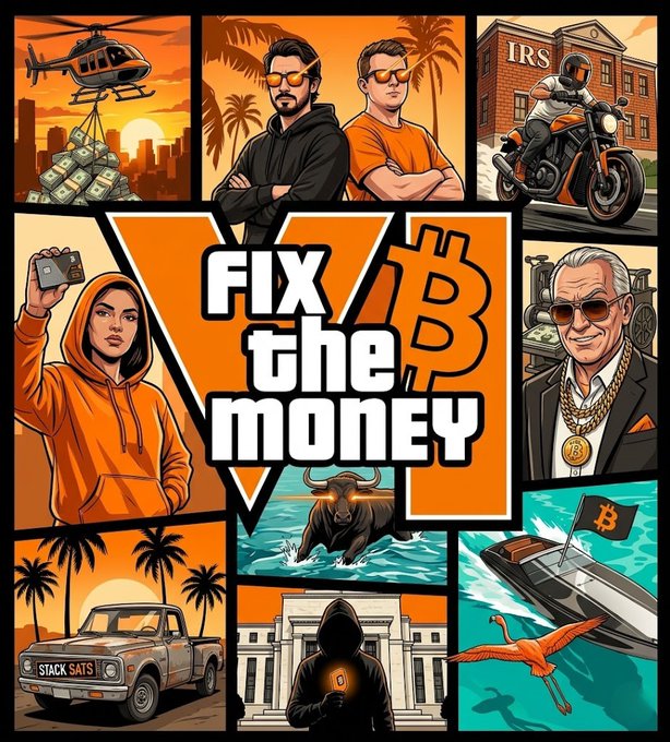 A vibrant collage-style graphic with the central text 'FIX THE MONEY' alongside a Bitcoin logo, featuring various cartoon panels depicting crypto enthusiasts, a helicopter, an IRS building, a motorcycle, a bull, and other Bitcoin-themed imagery.