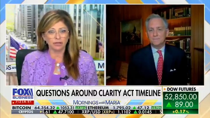 FOX Business anchor Maria Bartiromo interviews a guest via split-screen on "Mornings with Maria" about the "QUESTIONS AROUND CLARITY ACT TIMELINE," with Bitcoin ($64,354.32) and other crypto prices shown on the ticker below, relating to the post's discussion about the Clarity Act's potential to boost utility coins like XRP and XLM.