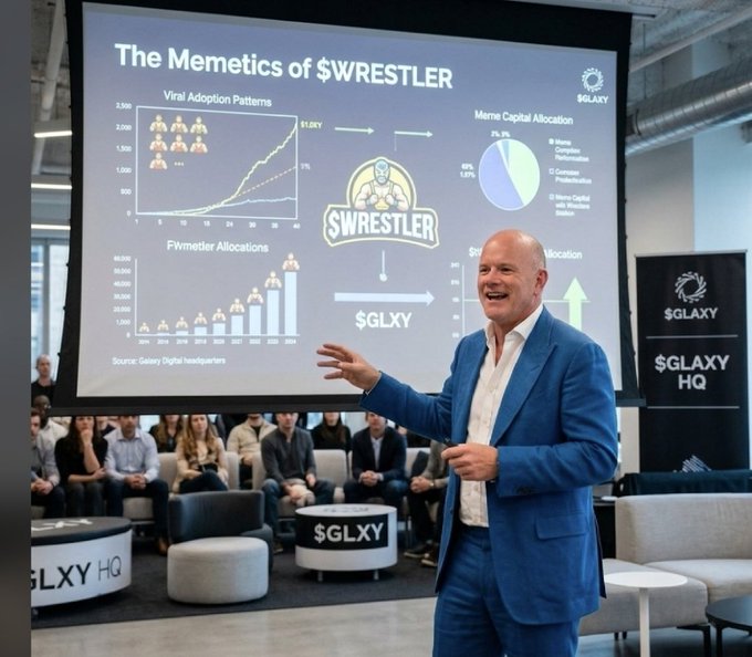 A man in a blue suit presenting at a corporate event with a large screen behind him showing 'The Memetics of $WRESTLER' presentation with charts on viral adoption patterns, meme capital allocation, and fitness meter allocations.
