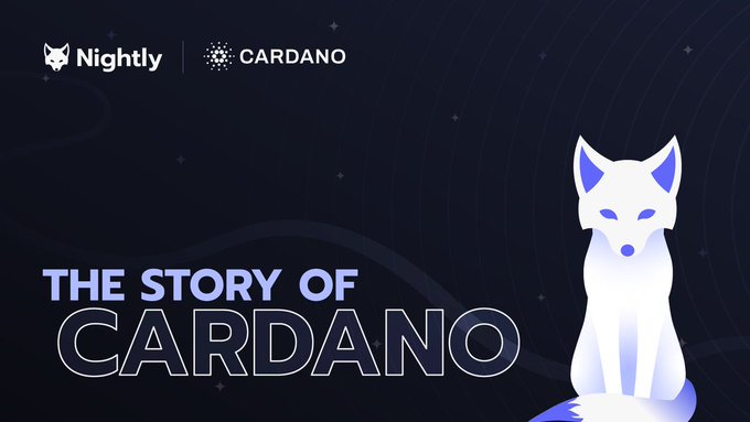 A dark blue promotional graphic featuring a white stylized fox logo on the right. The text reads "THE STORY OF CARDANO" with "Nightly | CARDANO" in the top left corner.